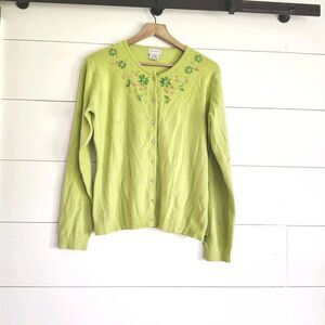 Womens Green Jeweled Beaded Gems Embellished Cardigan Sweater Button Up Fairy XL